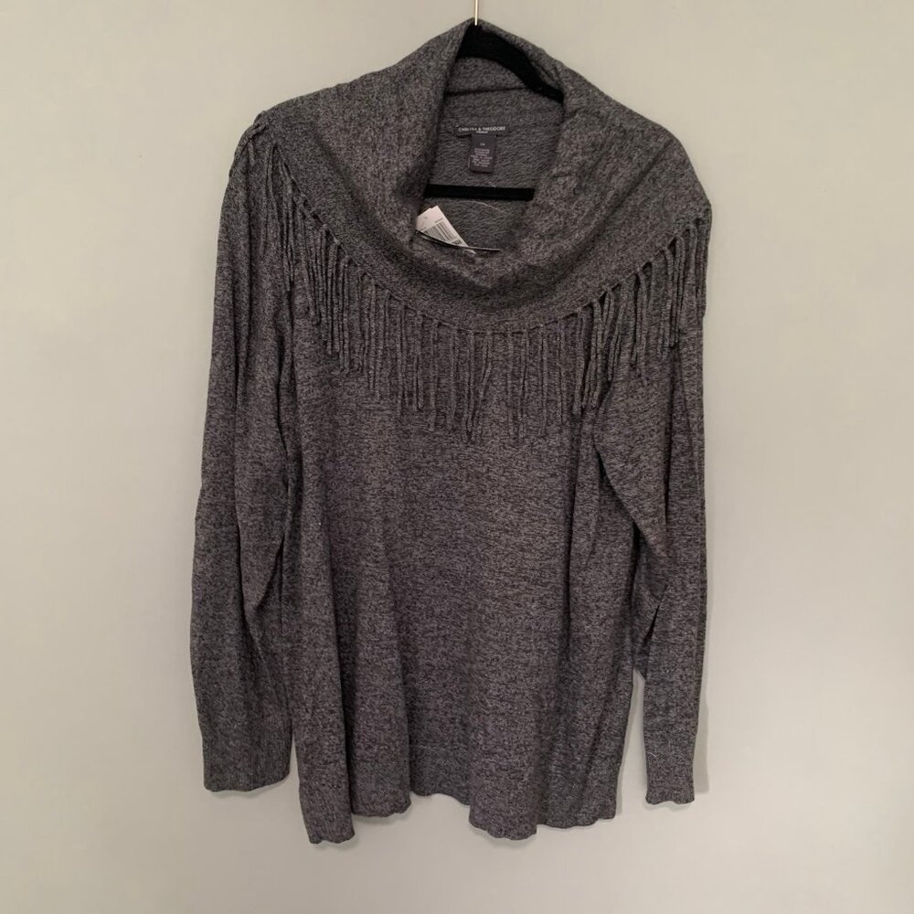 NEW‎ Chelsea & Theodore Cowl Neck Sweater Women 3X Grey Fringe Knit Top